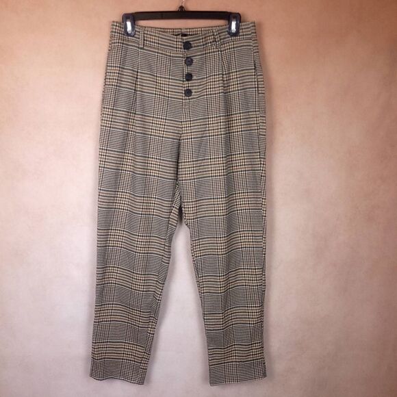 Zara Trafaluc Trf Brown Plaid Ankle Pants Button Fly Size Medium - Picture 1 of 6